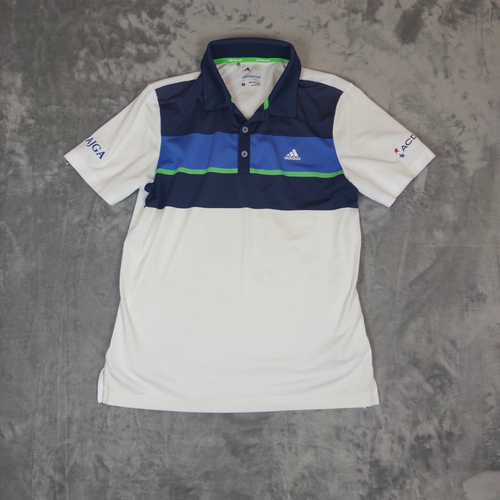 Adidas Polo Shirt Mens Medium White Blue Colorblock Climacool AJGA Golf Top